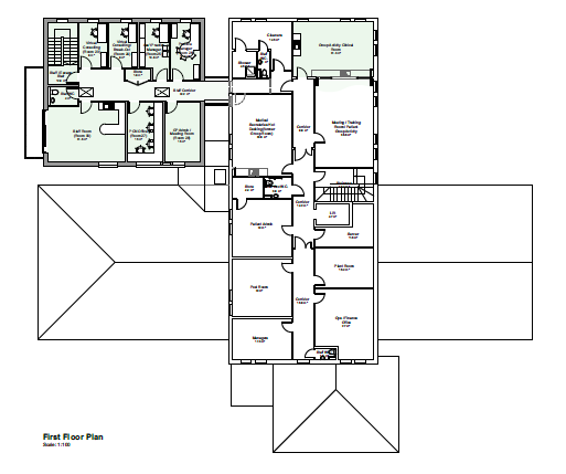 Alt="First Floor Plan with the extension shown top left Wing D"