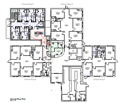 Alt="Ground Floor Plan with the extension shown top left Wing D"